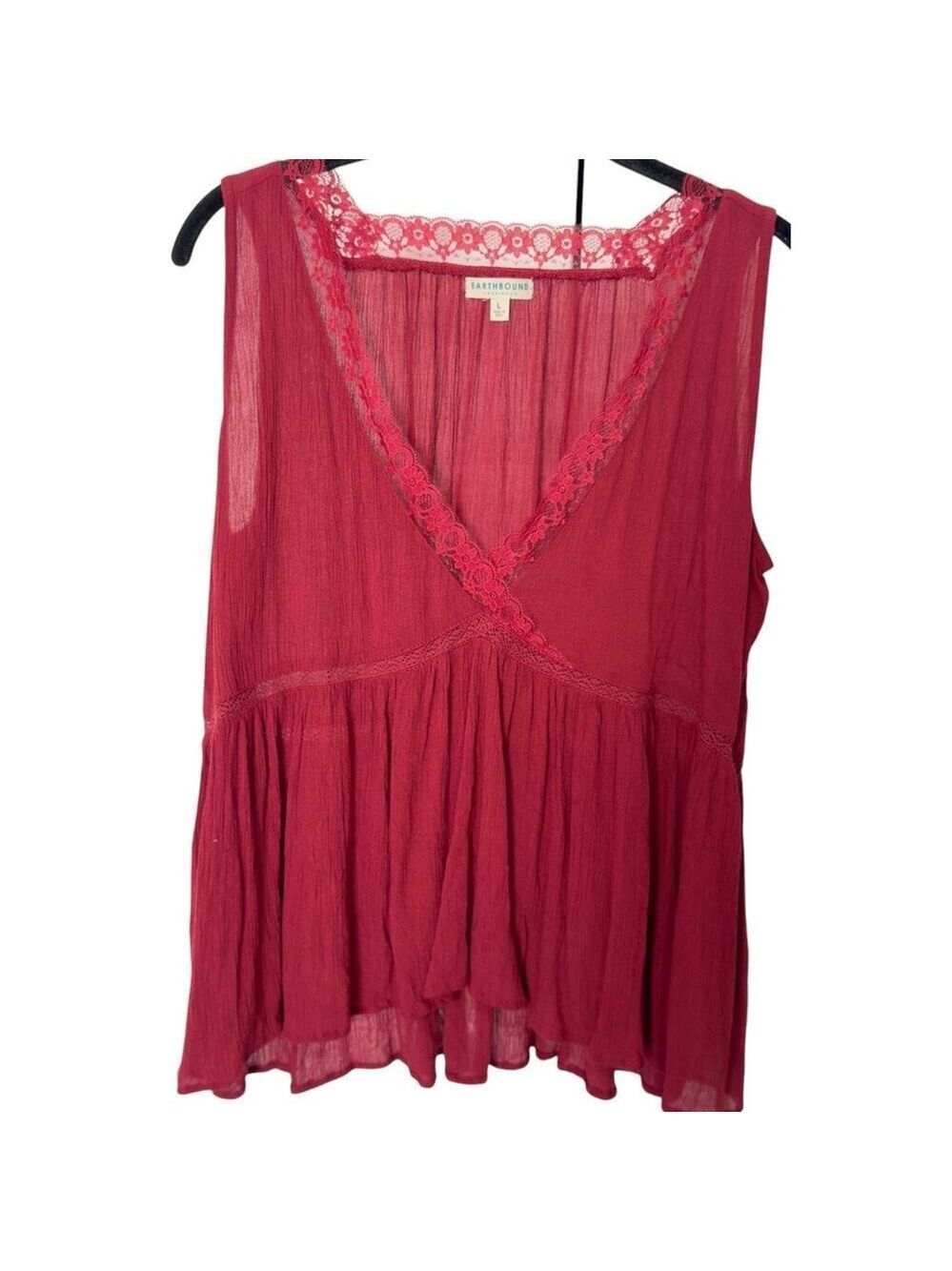 Earthbound Trading Co Sz L Sleeveless V Neck Gauzy Peasant Top Lace Burgundy